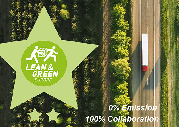 Aerial view of a large lime-green star containing the Lean & Green Europe logo over a forest, with a road and red truck to the side and the caption '0% Emission 100% Collaboration'.
